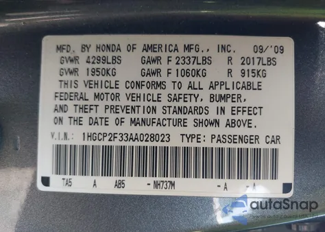 2010 Honda Accord 2.4 Lx from USA, damaged, VIN 1HGCP2F33AA028023